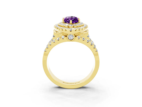 Yellow gold Marquise Cut Amethyst Double Halo Ring with Round Pavé Split Shank and Prong Setting