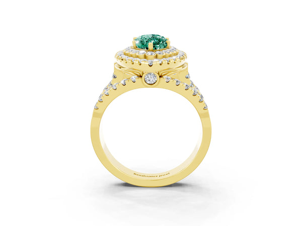 Yellow gold Marquise Cut Green Sapphire Double Halo Ring with Round Pavé Split Shank and Prong Setting
