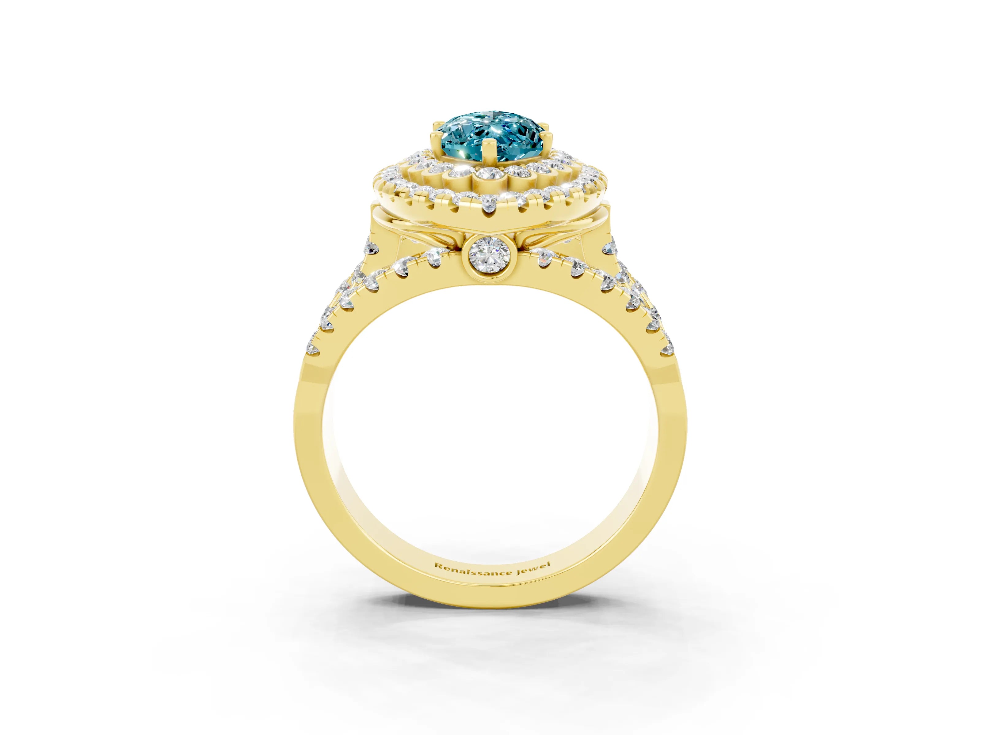 Yellow gold Double Halo Marquise Cut Diamond Split Shank Pave Set Ring_3