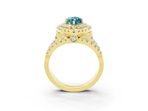 Yellow gold Double Halo Marquise Cut Diamond Split Shank Pave Set Ring