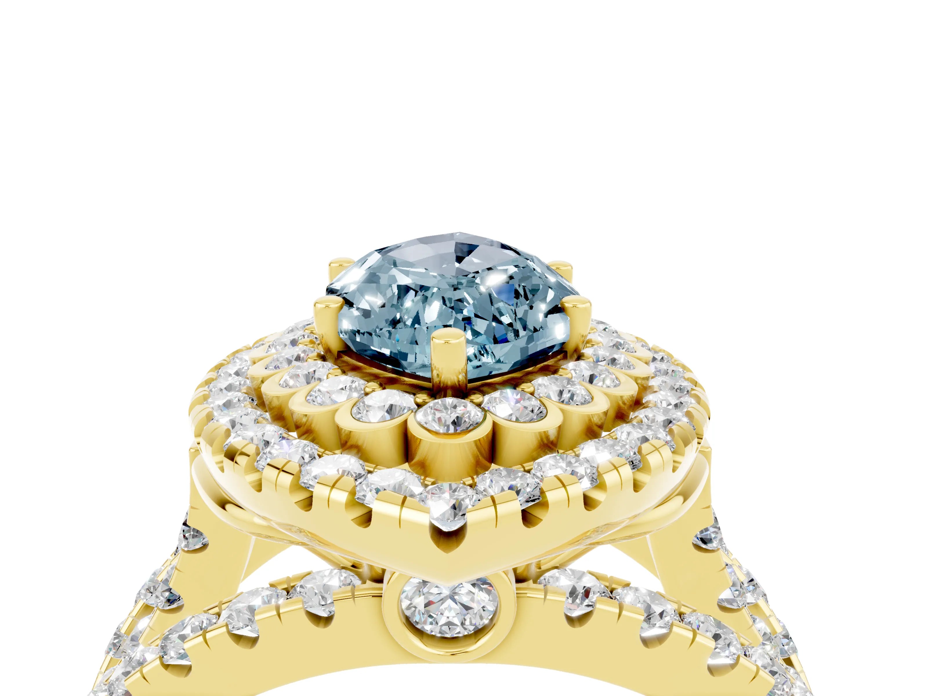 Yellow gold Double Halo Marquise Cut Diamond Split Shank Pave Set Ring_4