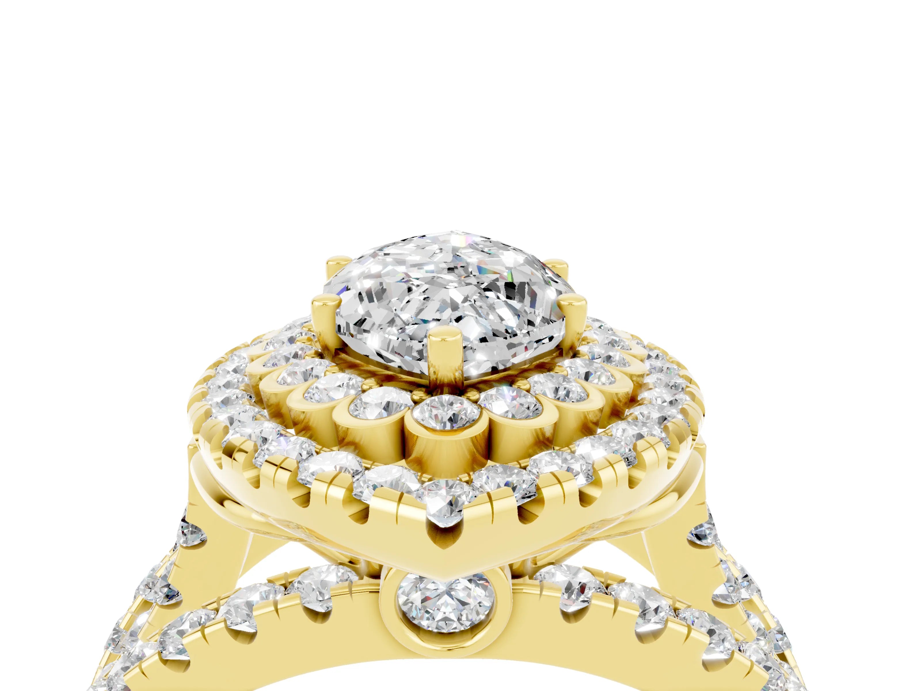 Yellow gold Double Halo Marquise Cut Diamond Split Shank Pave Set Ring_4