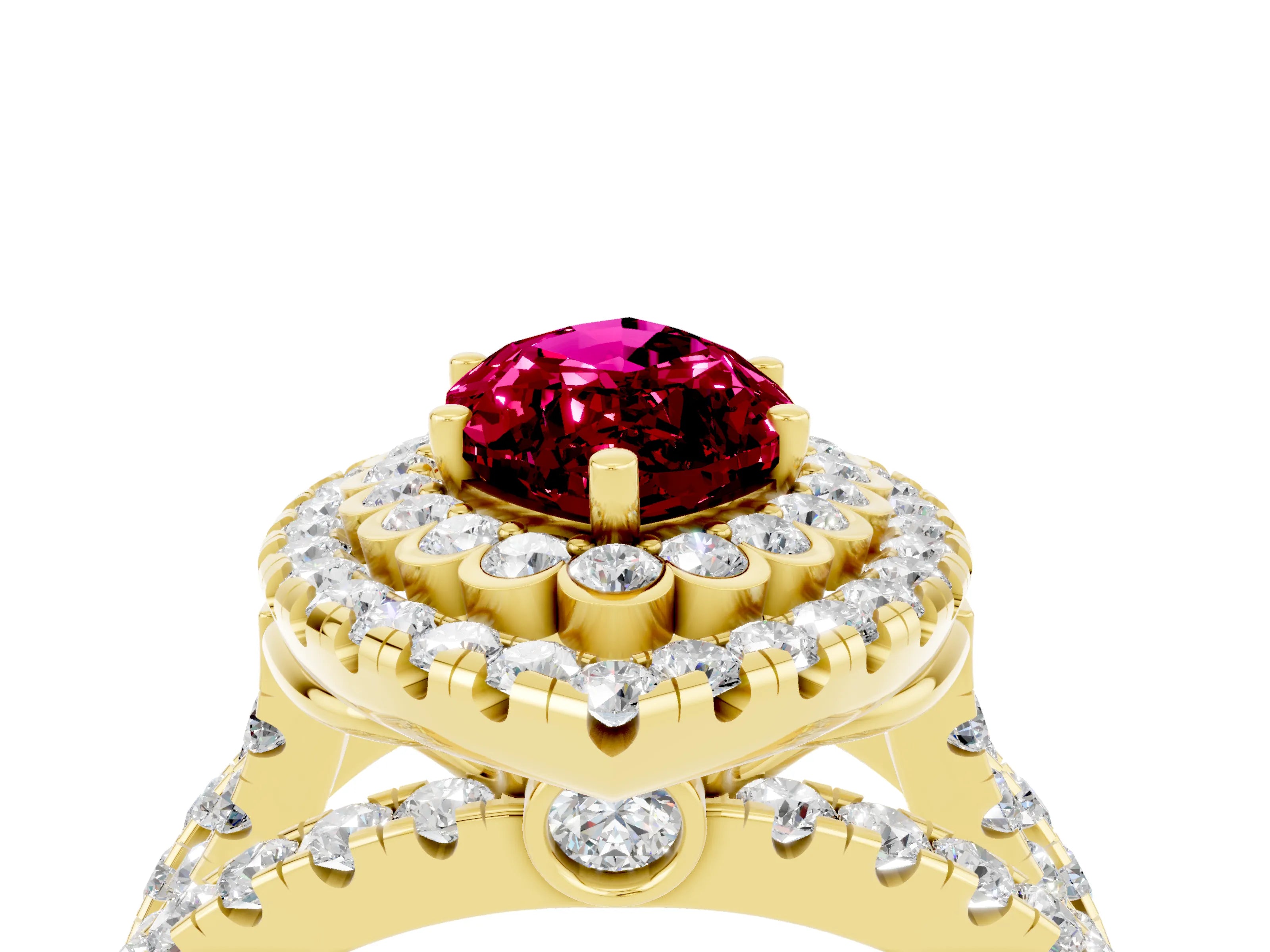 Yellow gold Double Halo Marquise Cut Diamond Split Shank Pave Set Ring_4
