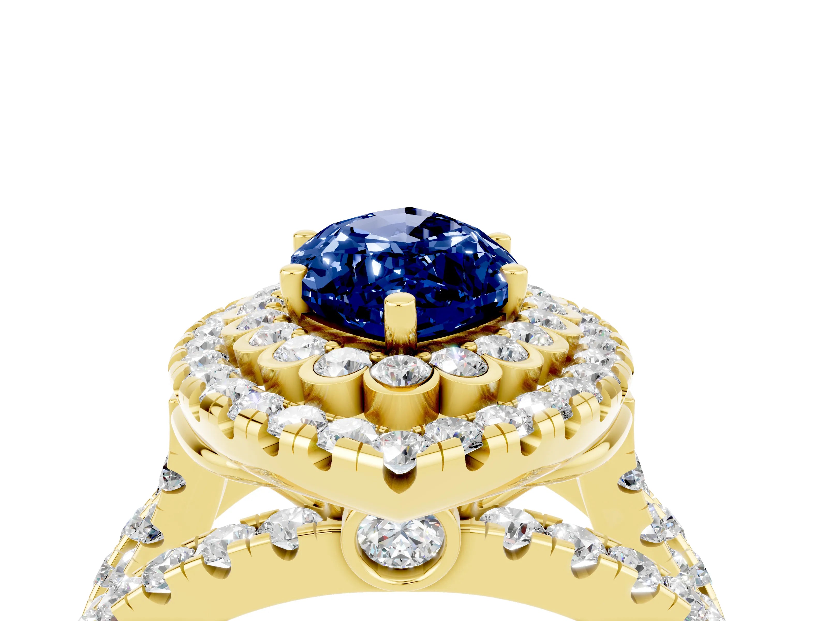 Yellow gold Double Halo Marquise Cut Diamond Split Shank Pave Set Ring_4