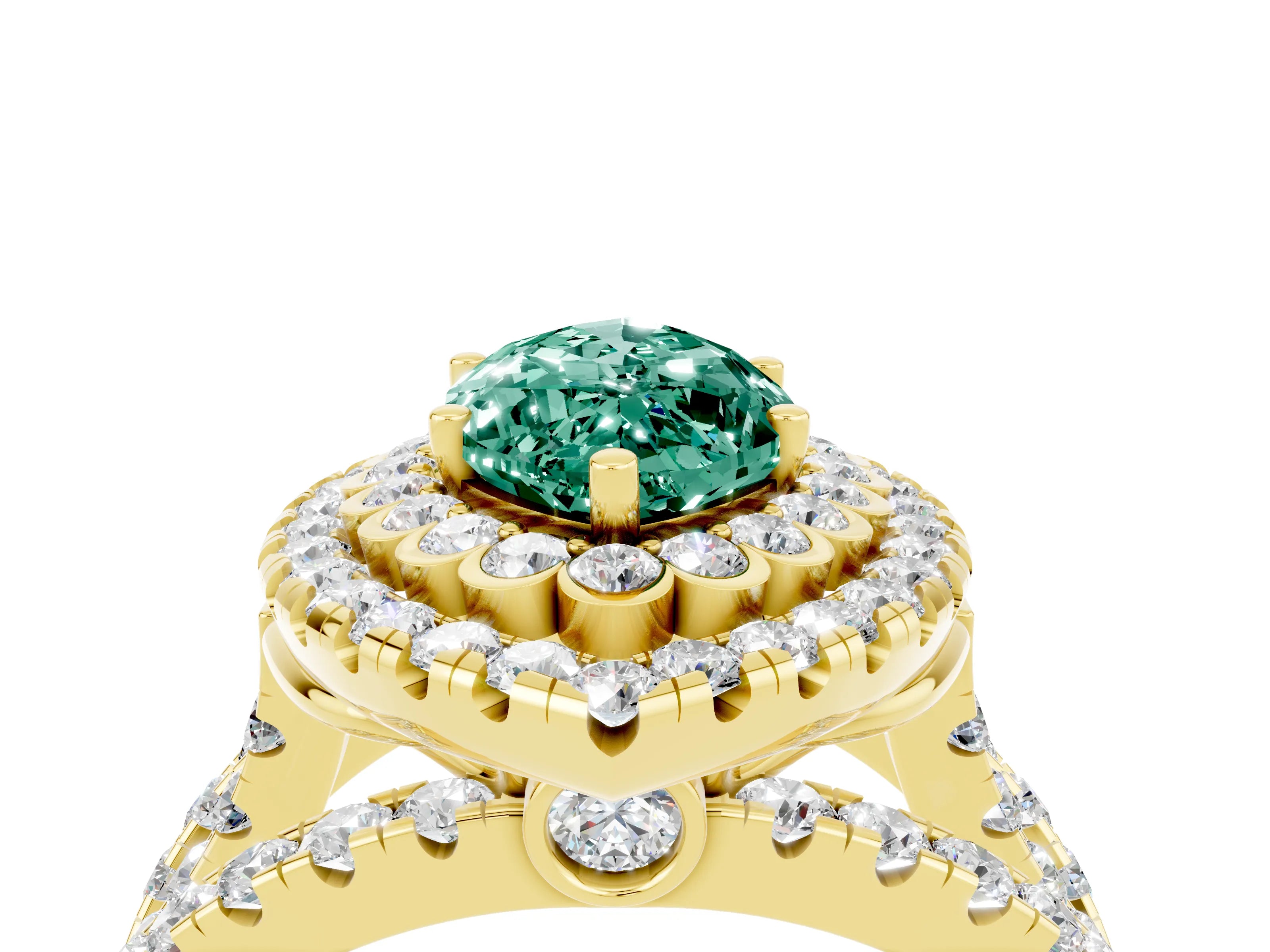 Yellow gold Double Halo Marquise Cut Diamond Split Shank Pave Set Ring_4