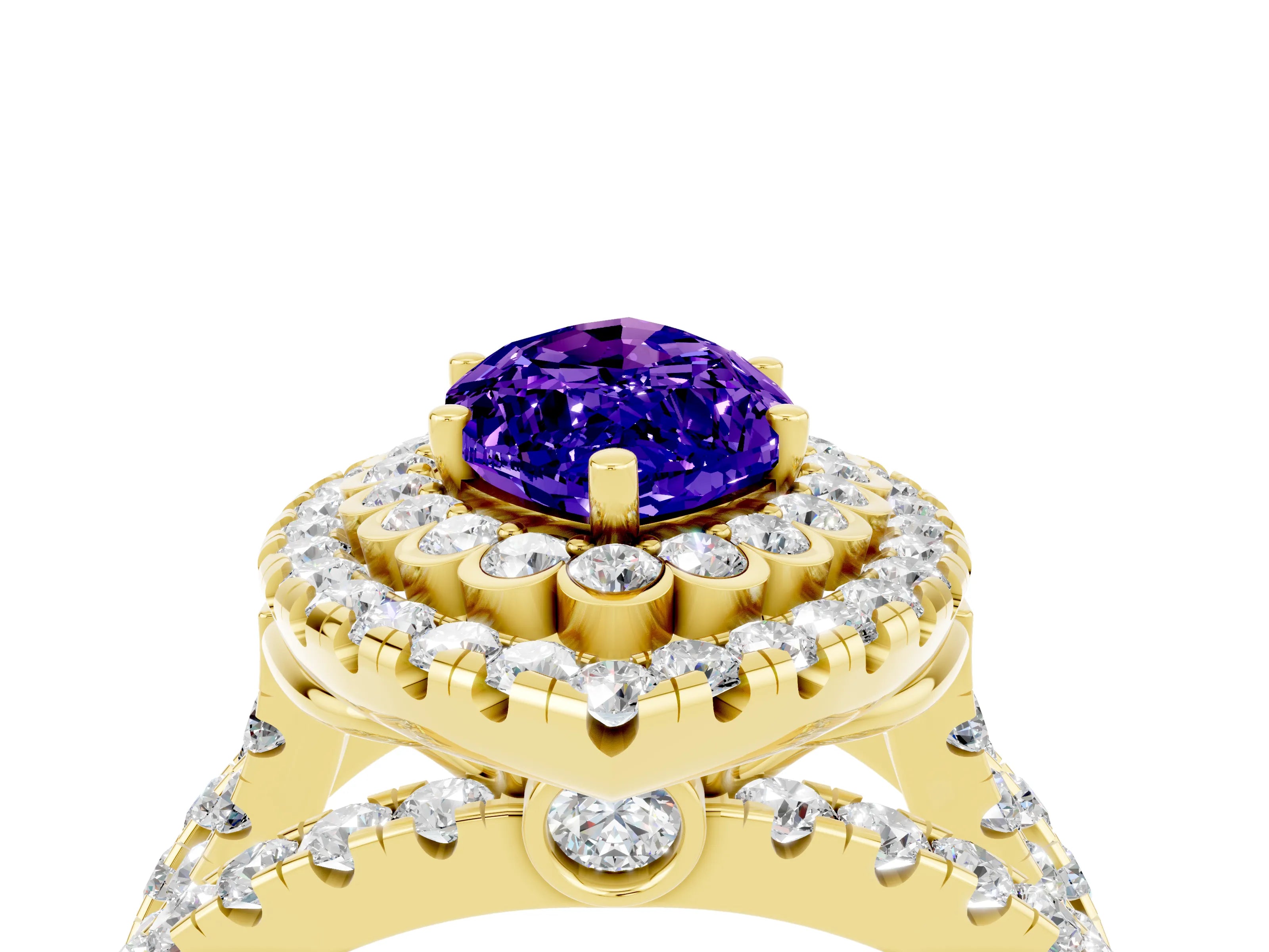 Yellow gold Double Halo Marquise Cut Diamond Split Shank Pave Set Ring_4