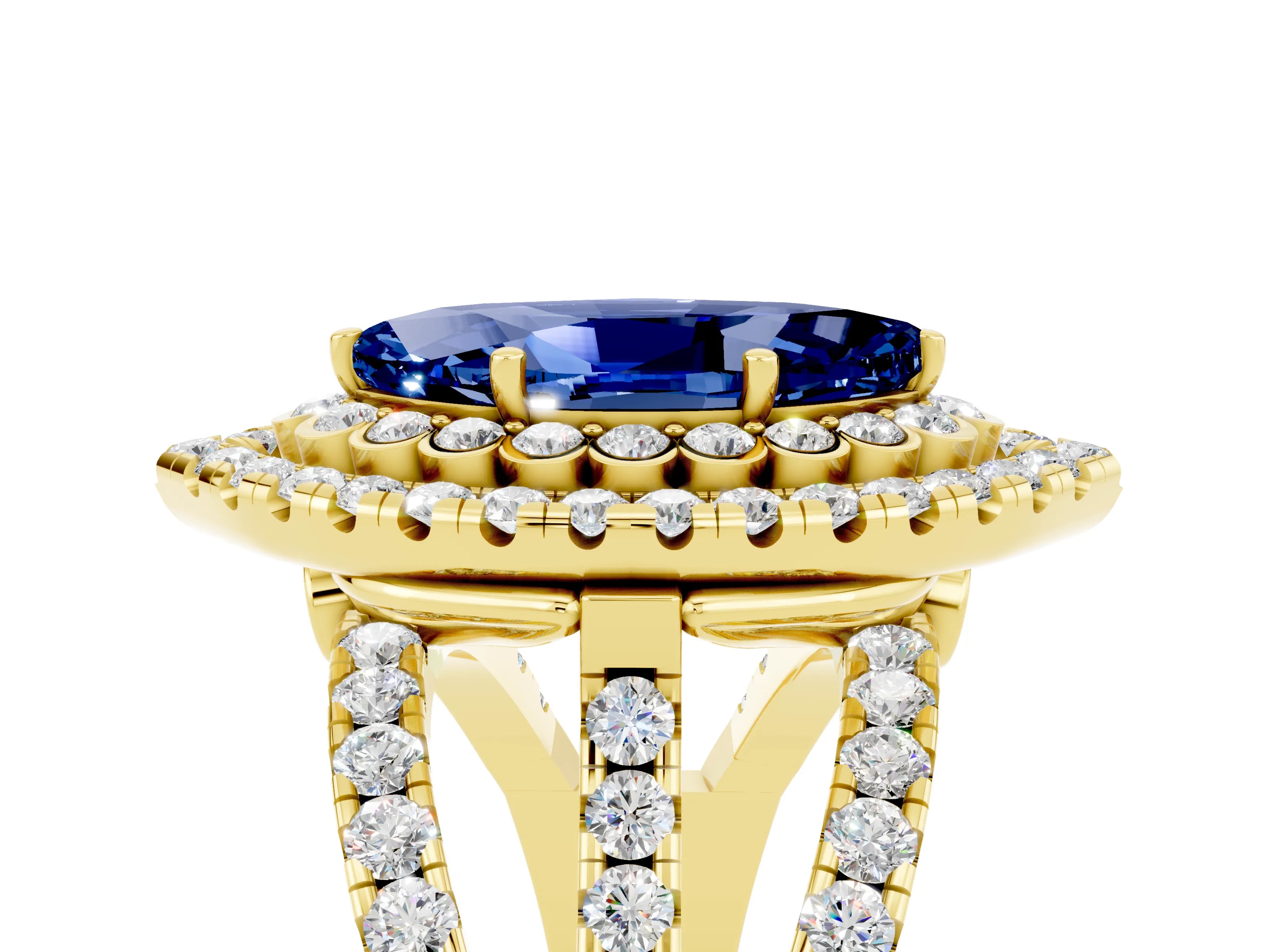 Yellow gold Double Halo Marquise Cut Diamond Split Shank Pave Set Ring_5