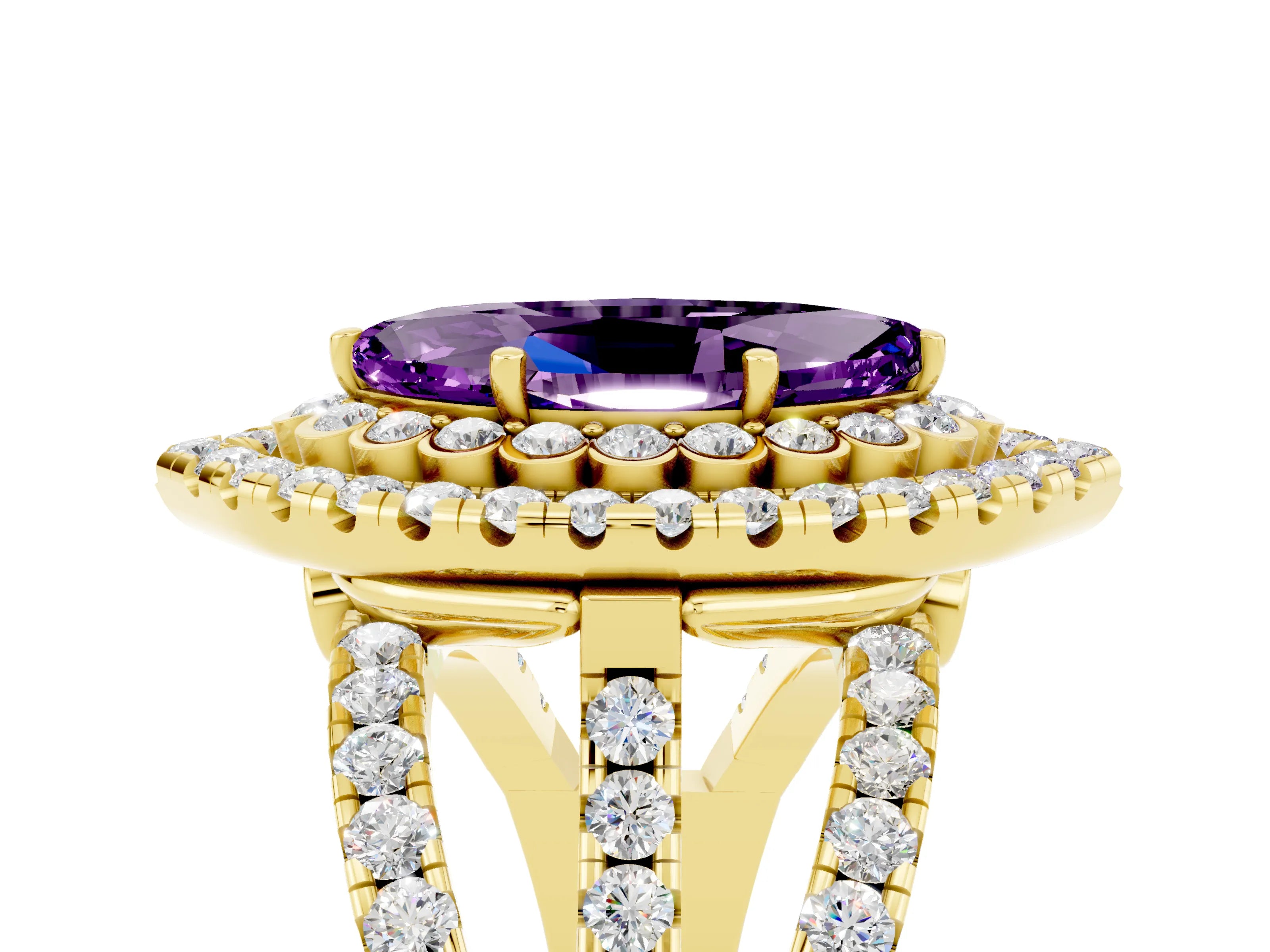 Yellow gold Double Halo Marquise Cut Diamond Split Shank Pave Set Ring_5