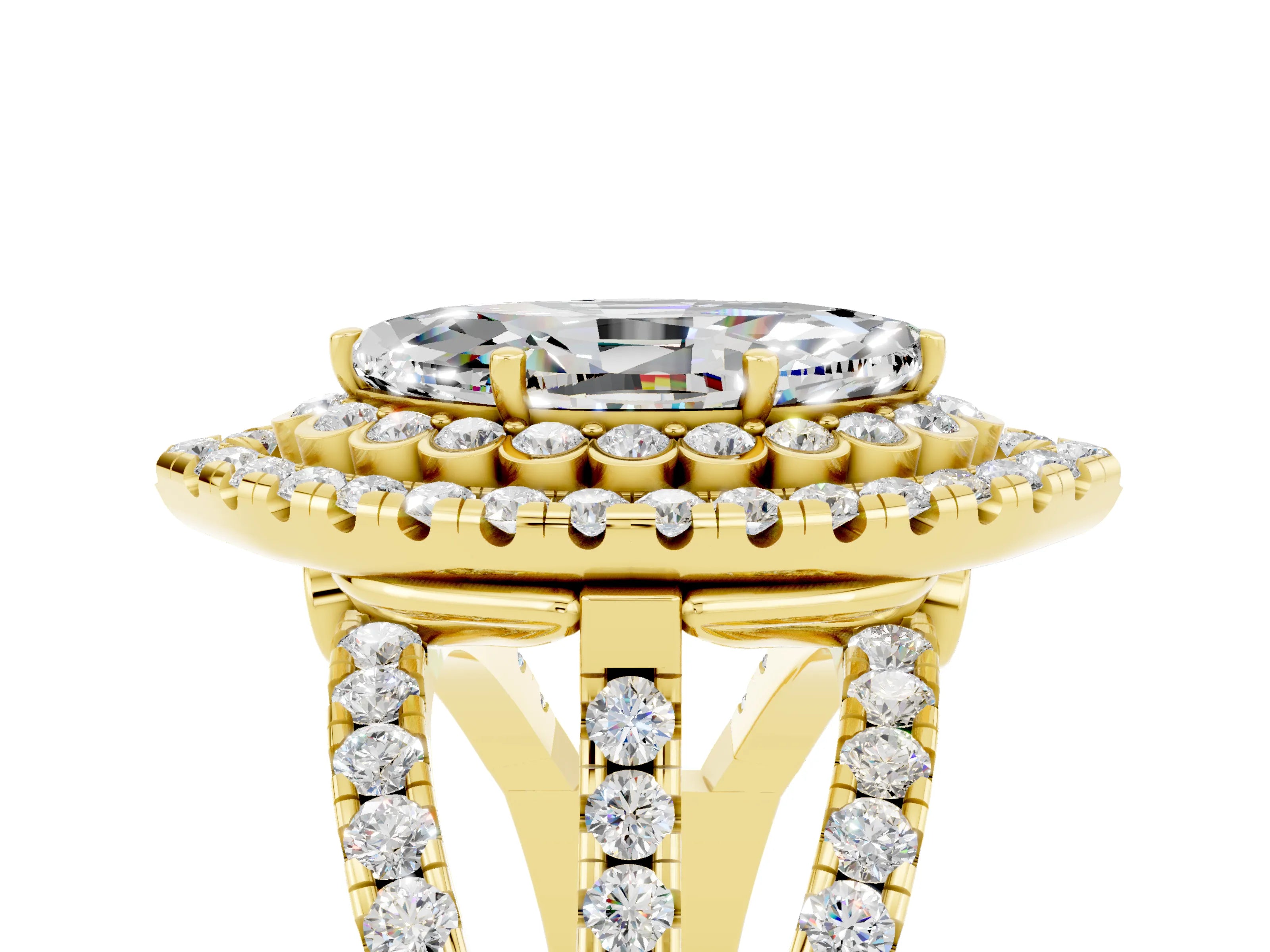 Yellow gold Double Halo Marquise Cut Diamond Split Shank Pave Set Ring_5