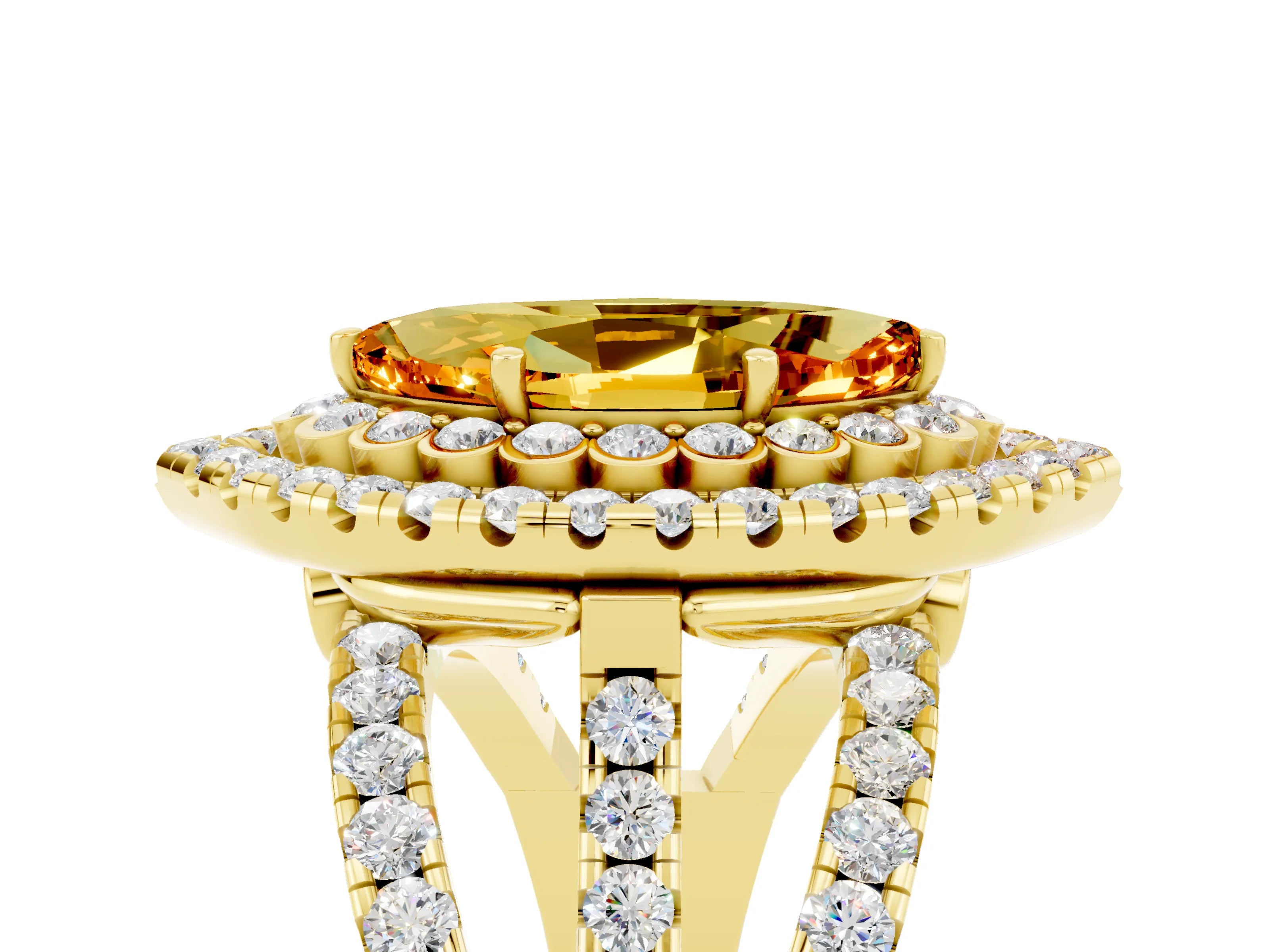 Yellow gold Double Halo Marquise Cut Diamond Split Shank Pave Set Ring_5