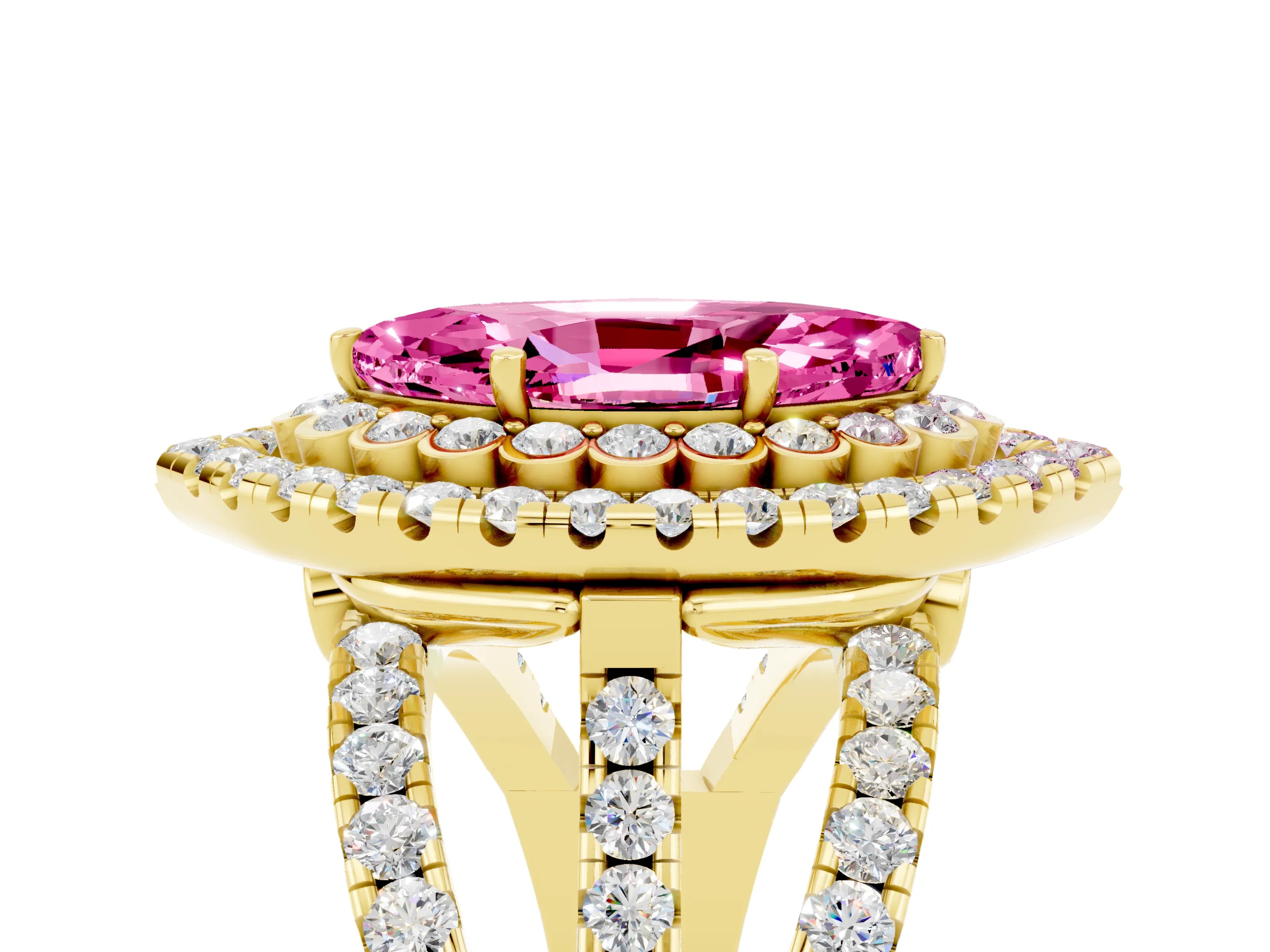 Yellow gold Double Halo Marquise Cut Diamond Split Shank Pave Set Ring_5