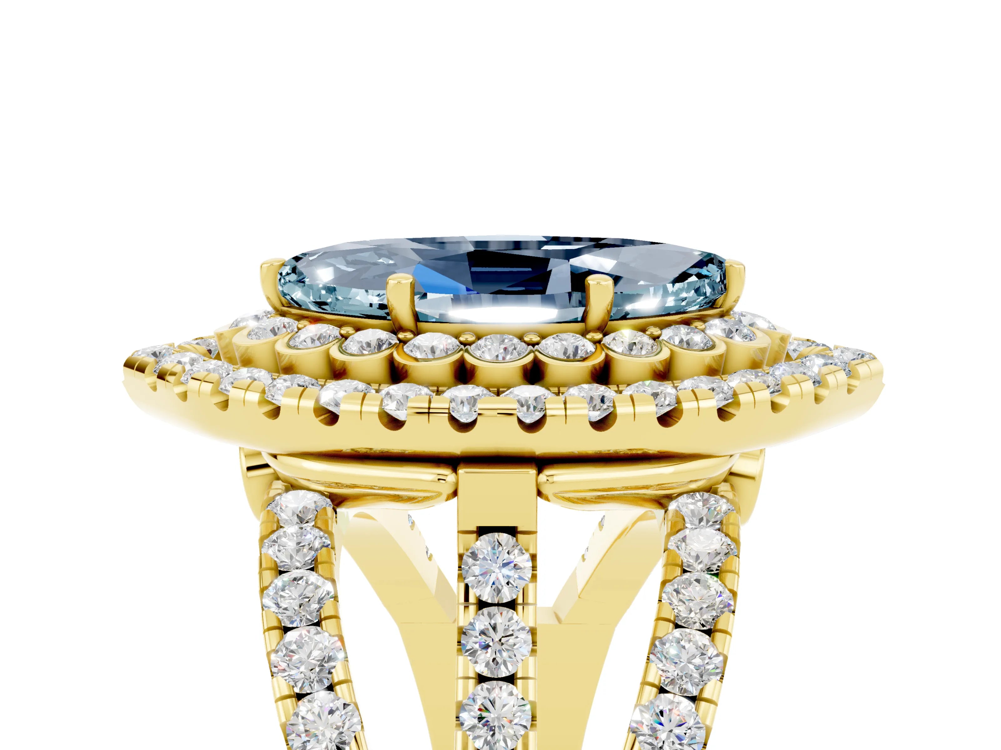 Yellow gold Double Halo Marquise Cut Diamond Split Shank Pave Set Ring_5