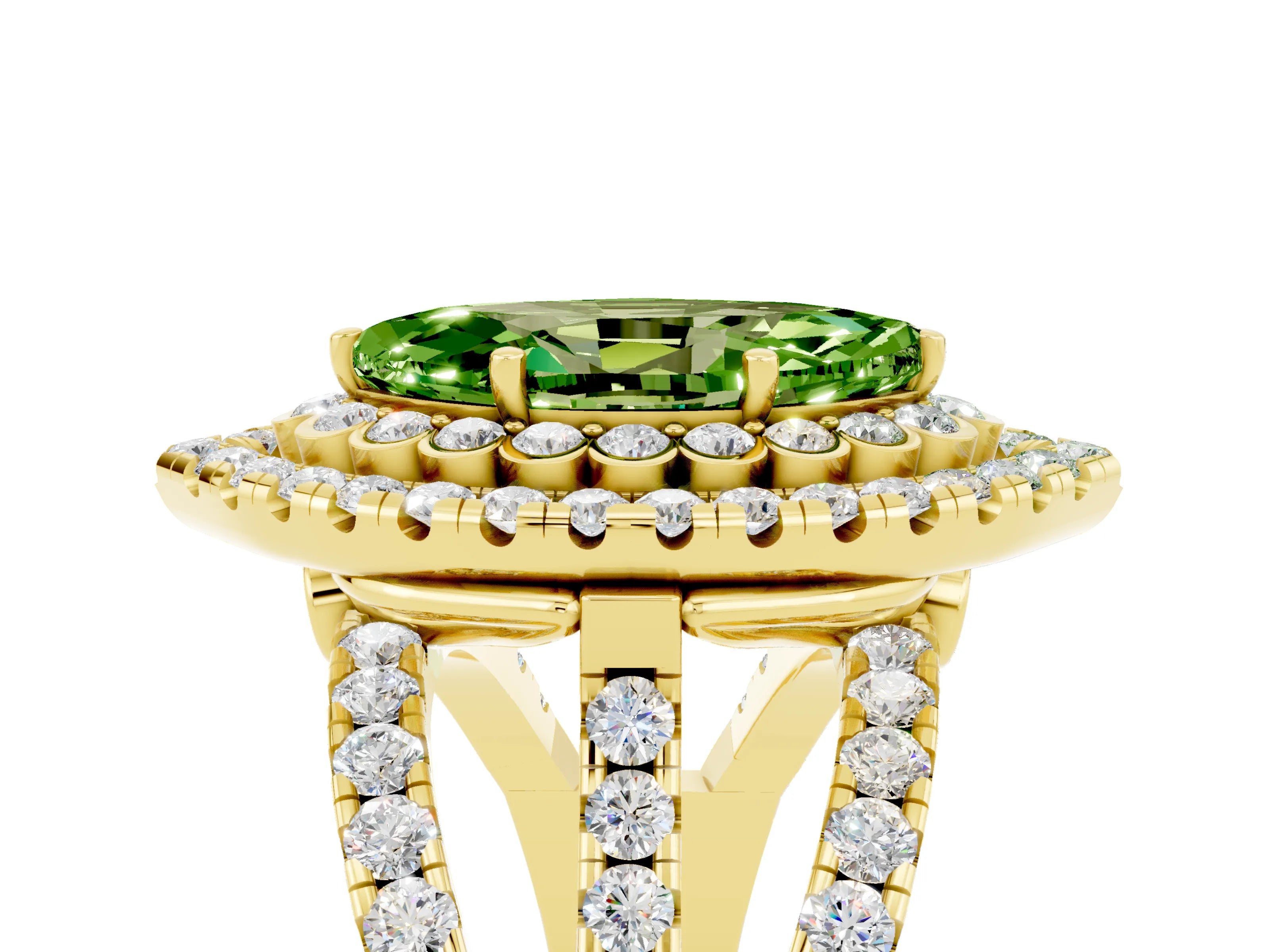 Yellow gold Double Halo Marquise Cut Diamond Split Shank Pave Set Ring_5