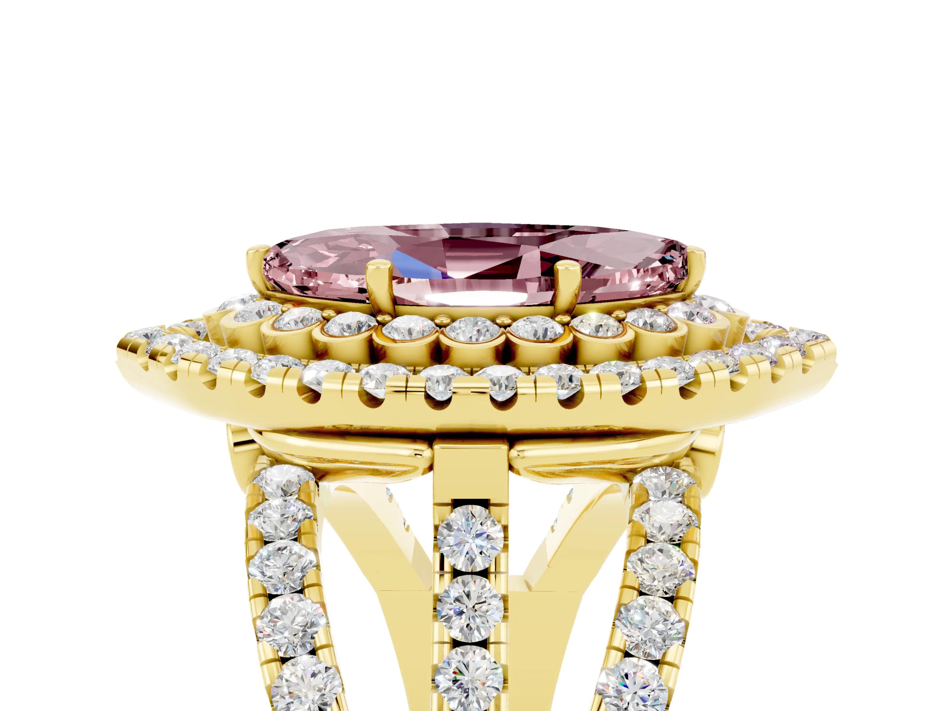 Yellow gold Double Halo Marquise Cut Diamond Split Shank Pave Set Ring_5