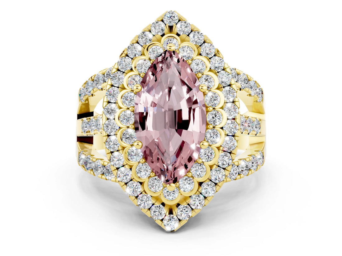 Yellow gold Double Halo Marquise Cut Diamond Split Shank Pave Set Ring