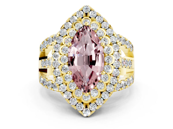 Yellow gold Double Halo Marquise Cut Diamond Split Shank Pave Set Ring