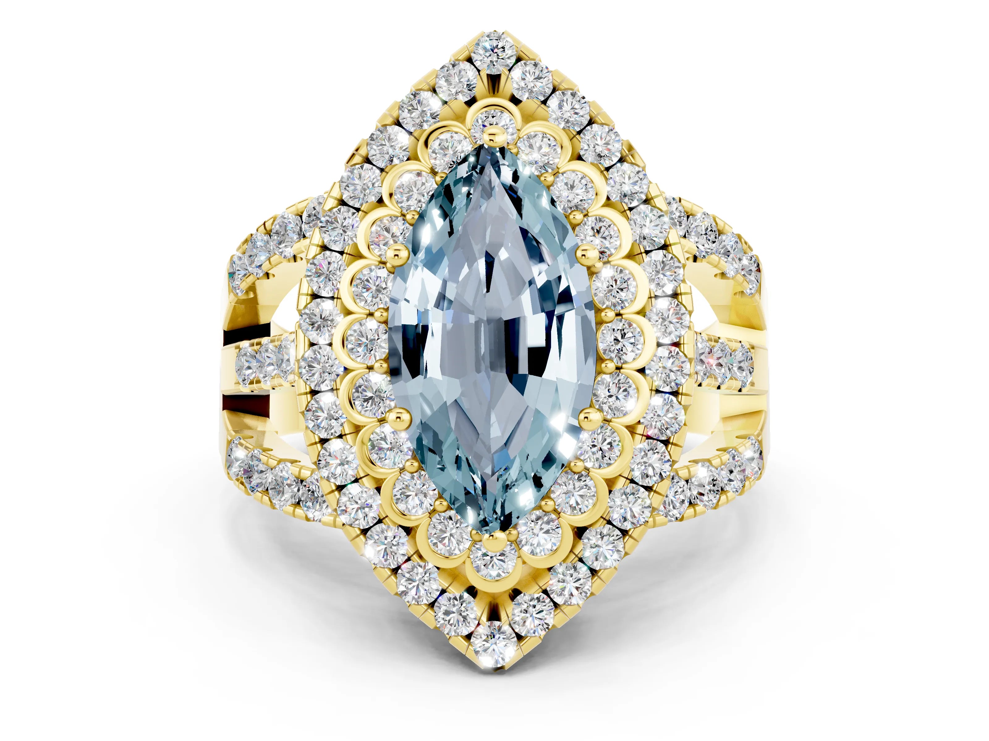 Yellow gold Double Halo Marquise Cut Diamond Split Shank Pave Set Ring