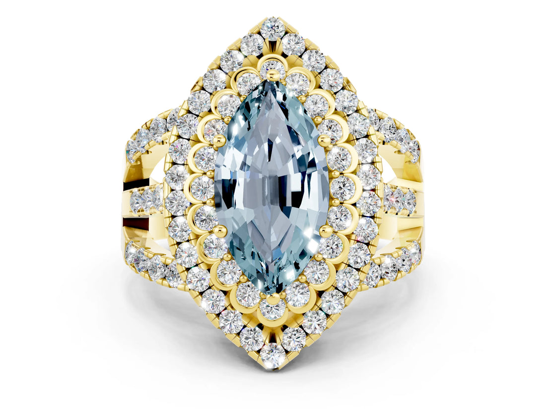 Yellow gold Double Halo Marquise Cut Diamond Split Shank Pave Set Ring