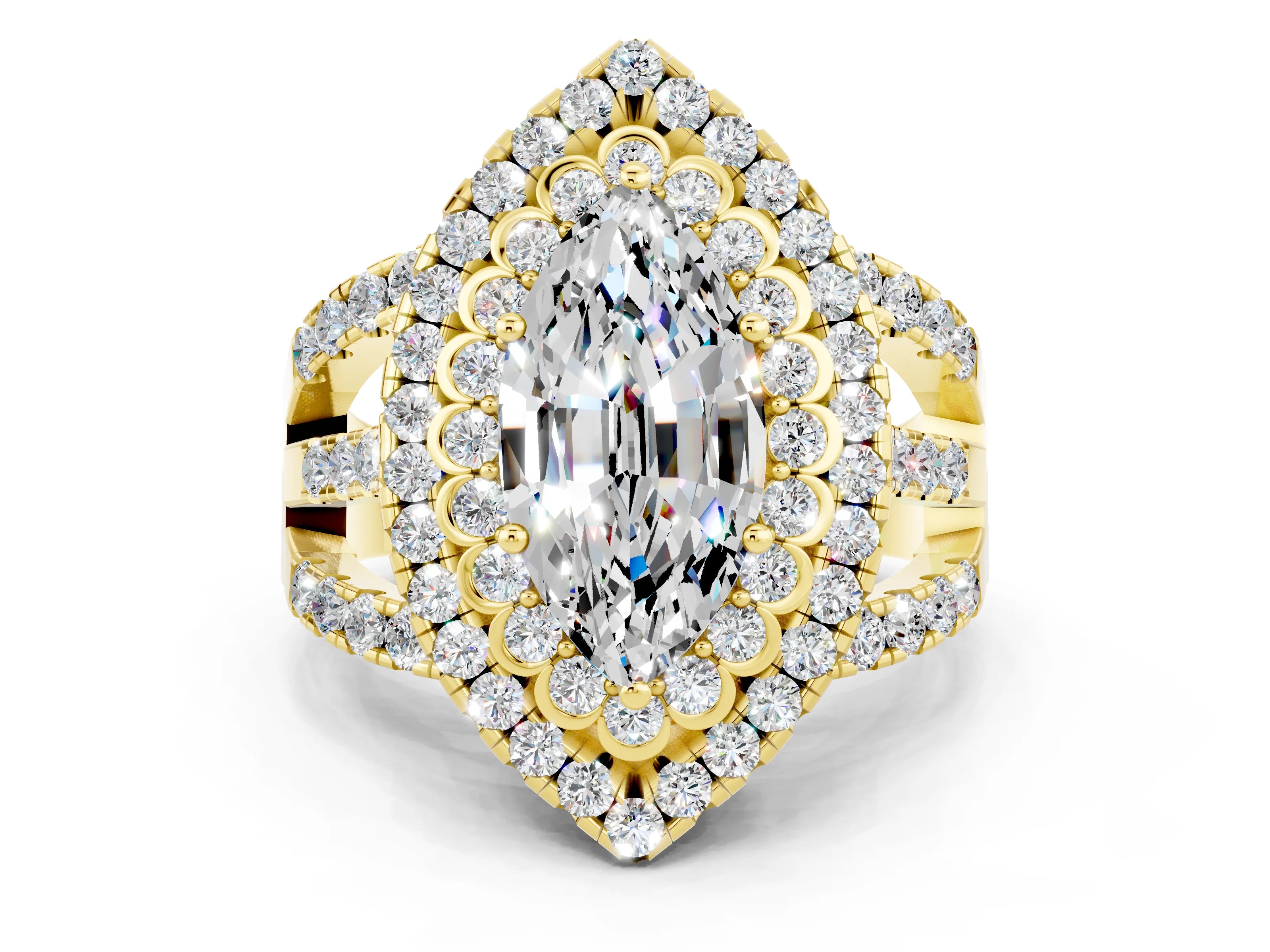 Yellow gold Double Halo Marquise Cut Diamond Split Shank Pave Set Ring