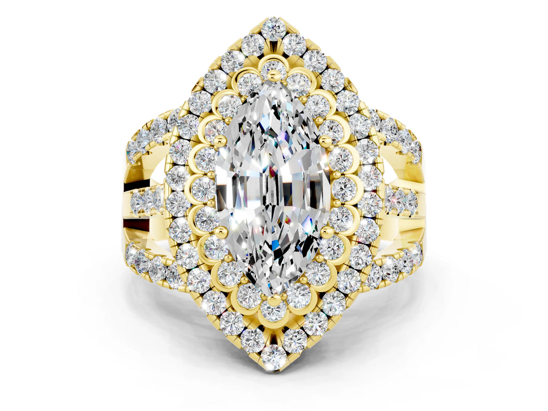 Yellow gold Double Halo Marquise Cut Diamond Split Shank Pave Set Ring