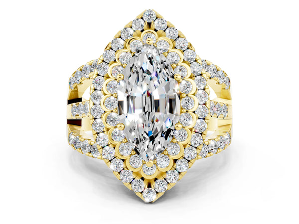 Yellow gold Marquise Cut Moissanite Double Halo Ring with Round Pavé Split Shank and Prong Setting