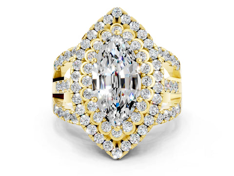 Yellow gold Double Halo Marquise Cut Diamond Split Shank Pave Set Ring