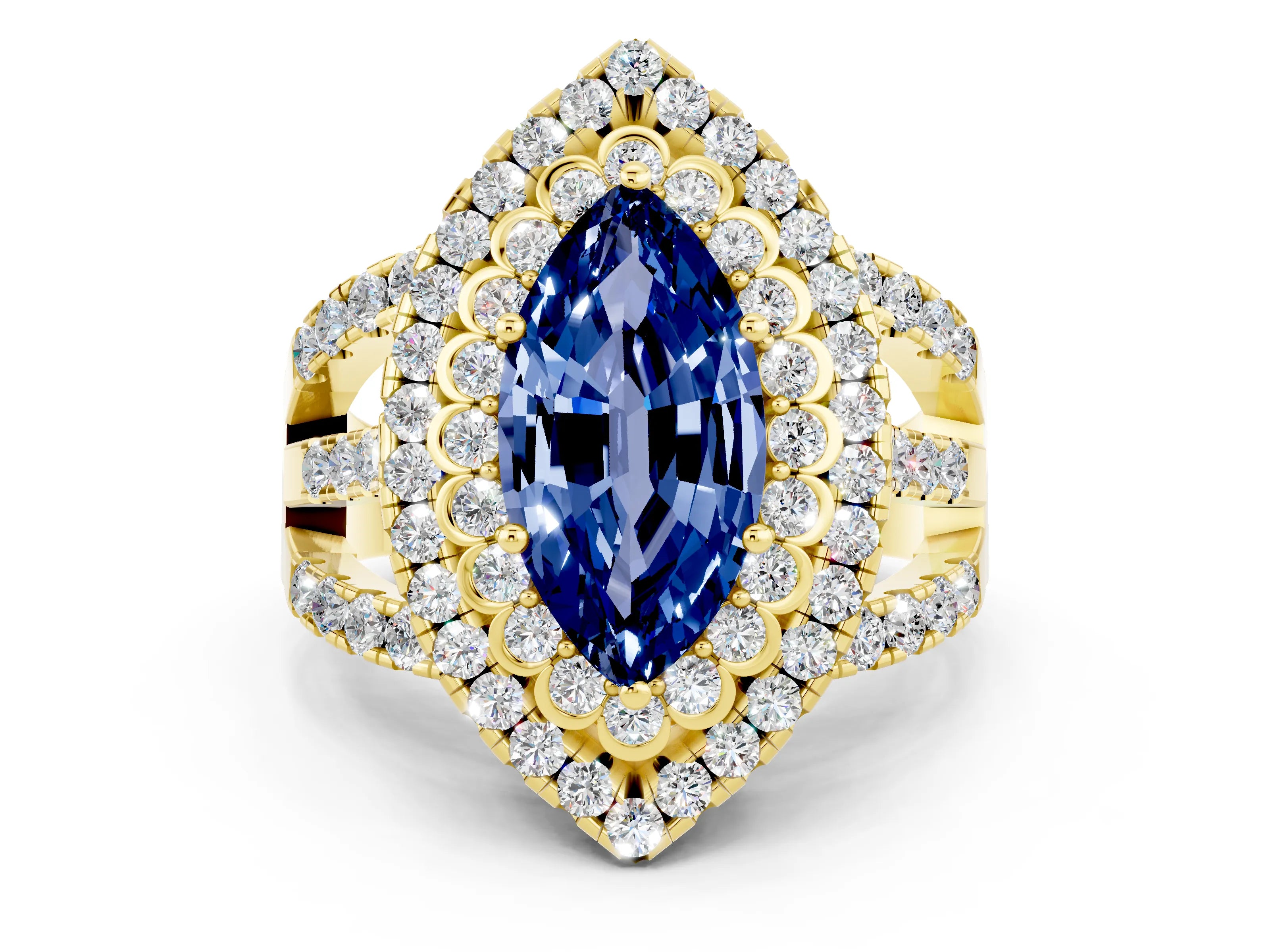 Yellow gold Double Halo Marquise Cut Diamond Split Shank Pave Set Ring