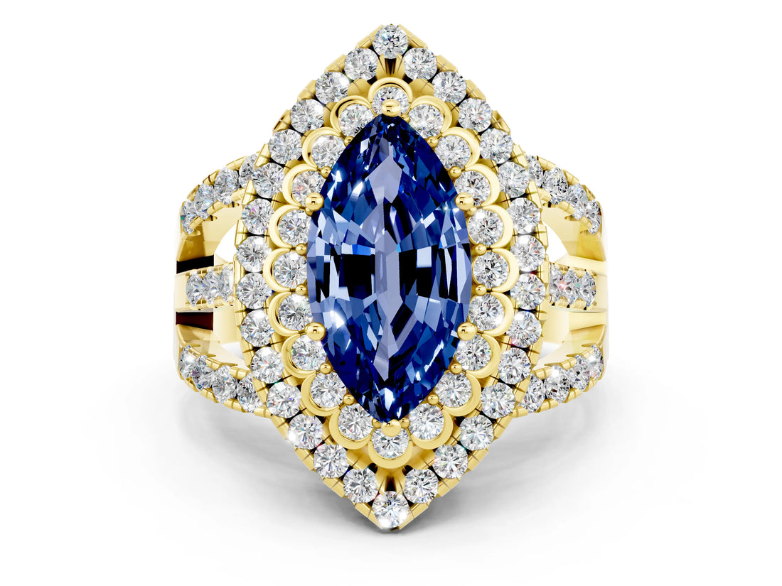 Yellow gold Double Halo Marquise Cut Diamond Split Shank Pave Set Ring