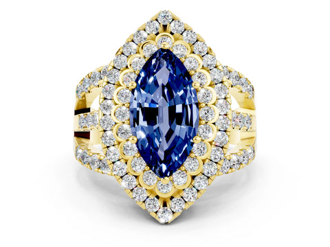Yellow gold Double Halo Marquise Cut Diamond Split Shank Pave Set Ring