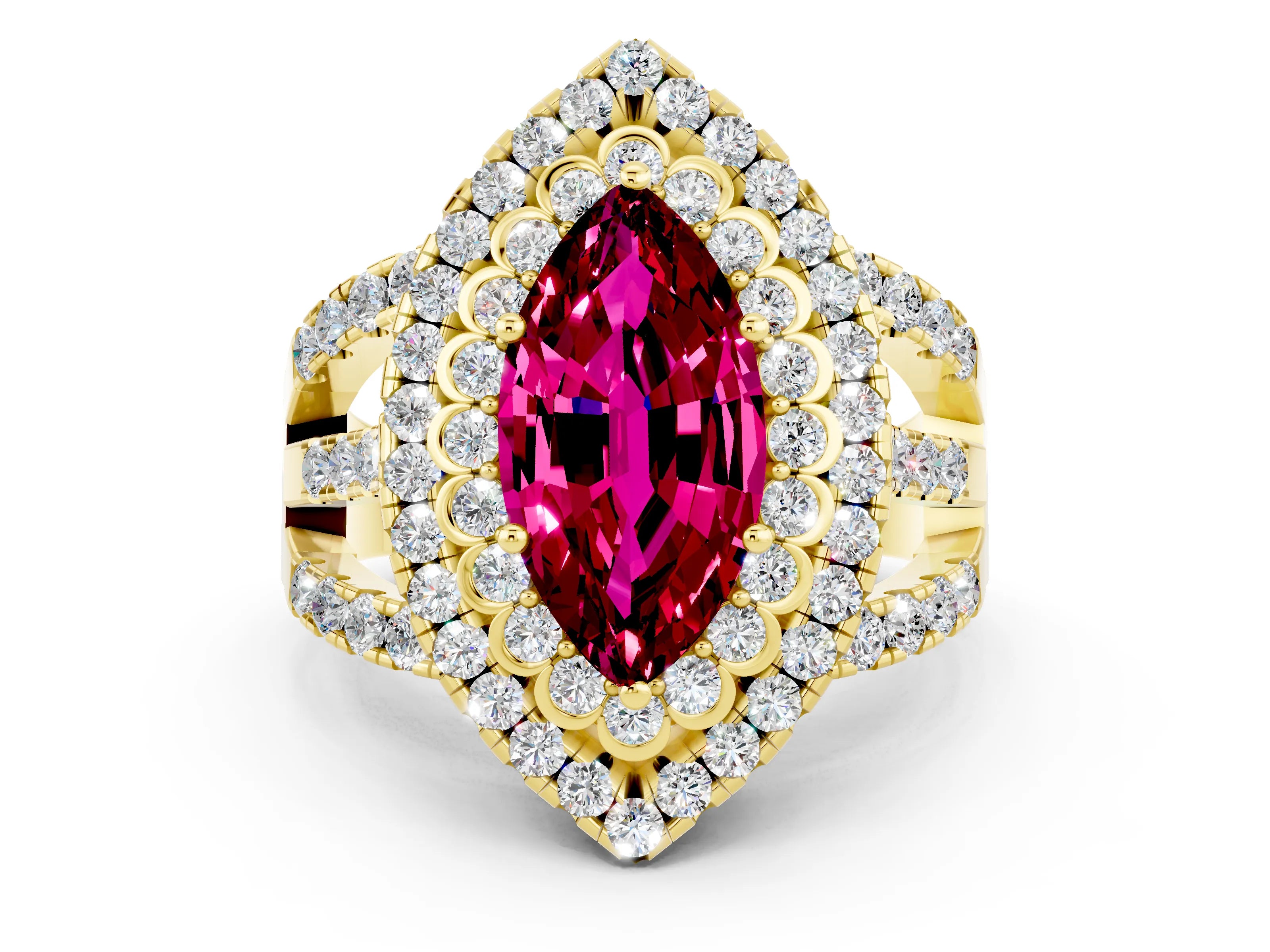 Yellow gold Double Halo Marquise Cut Diamond Split Shank Pave Set Ring