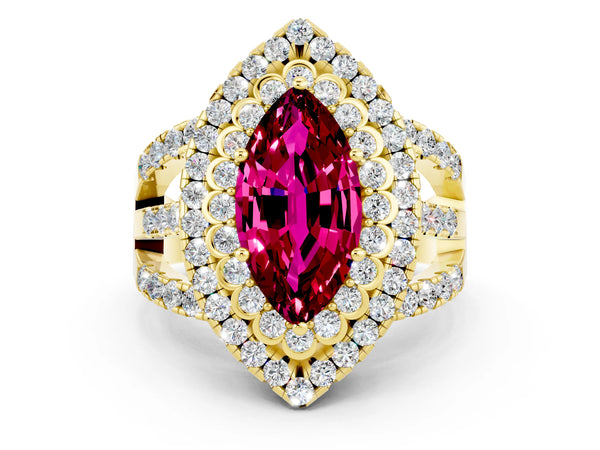 Yellow gold Marquise Cut Garnet Double Halo Ring with Round Pavé Split Shank and Prong Setting