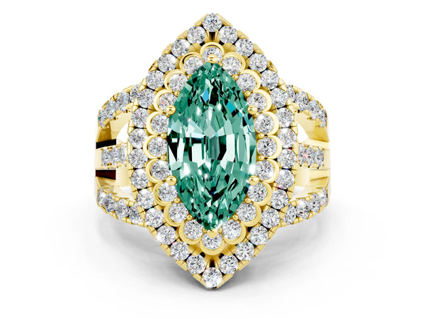 Yellow gold Marquise Cut Green Sapphire Double Halo Ring with Round Pavé Split Shank and Prong Setting