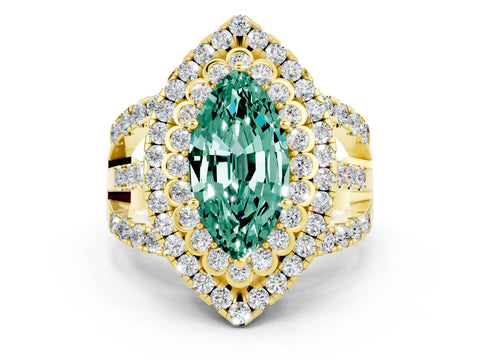 Yellow gold Double Halo Marquise Cut Diamond Split Shank Pave Set Ring