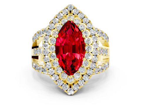 Yellow gold Double Halo Marquise Cut Diamond Split Shank Pave Set Ring