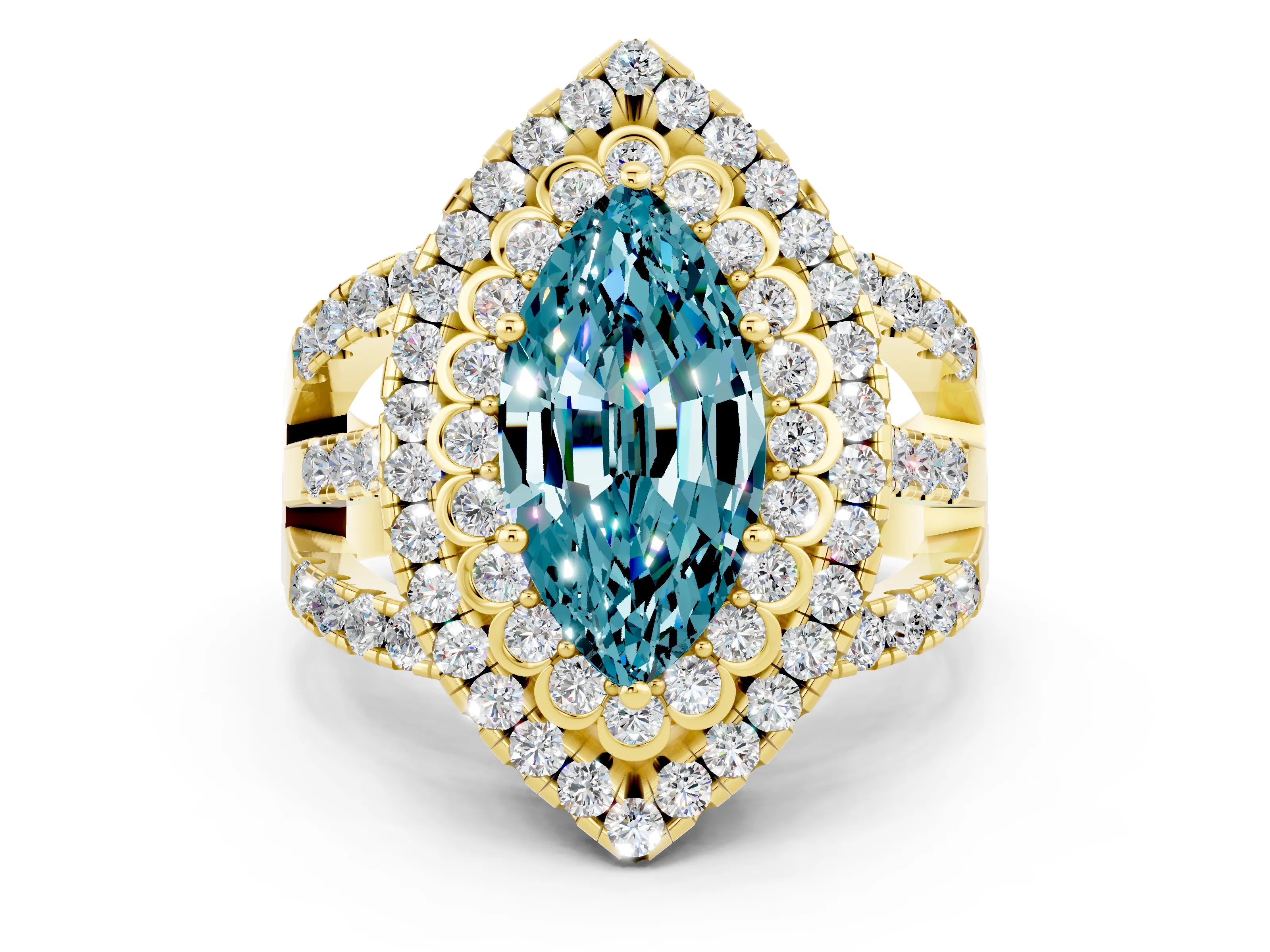 Yellow gold Double Halo Marquise Cut Diamond Split Shank Pave Set Ring