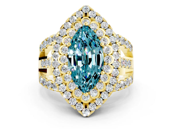Yellow gold Double Halo Marquise Cut Diamond Split Shank Pave Set Ring