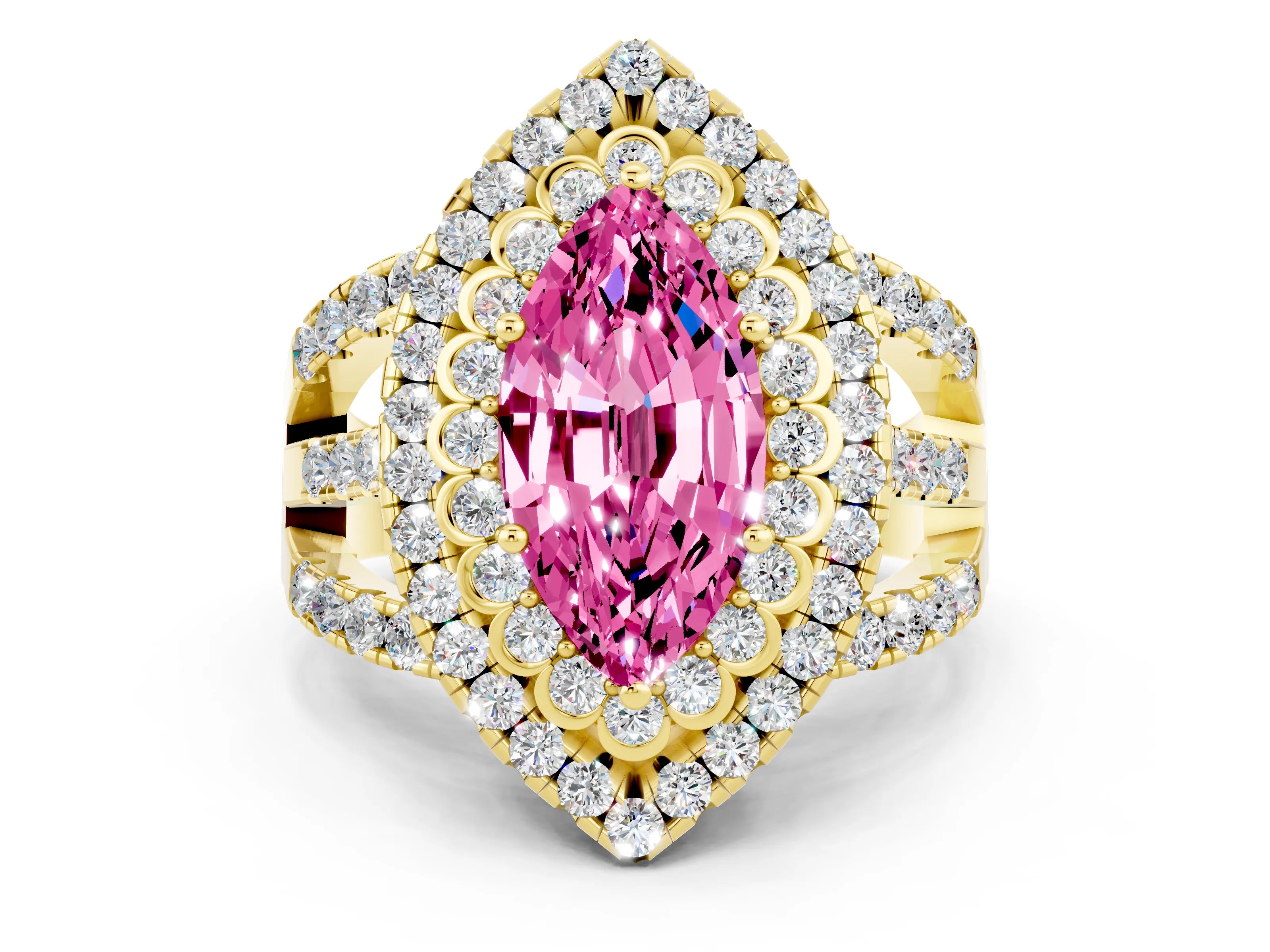 Yellow gold Double Halo Marquise Cut Diamond Split Shank Pave Set Ring
