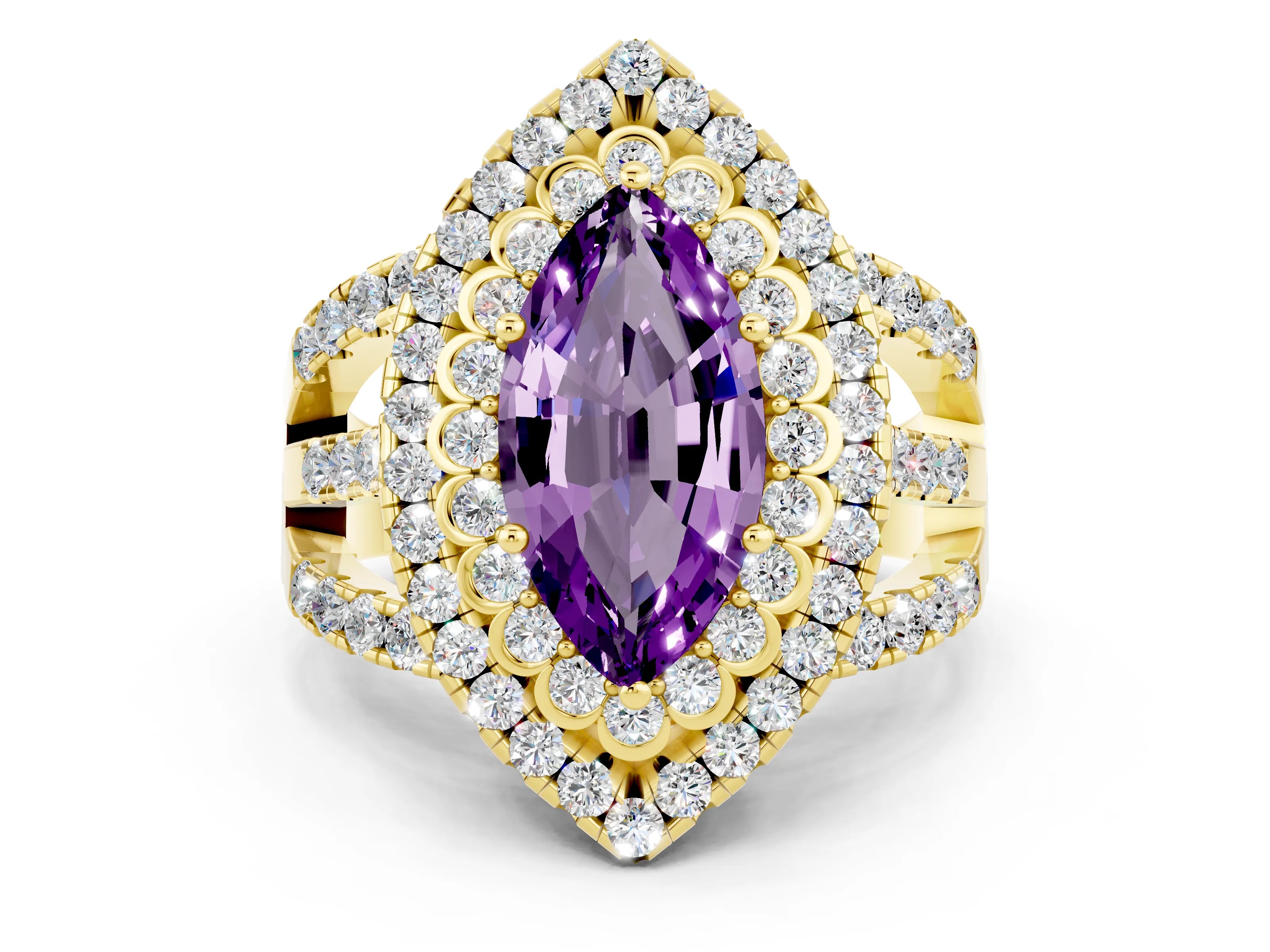 Yellow gold Double Halo Marquise Cut Diamond Split Shank Pave Set Ring