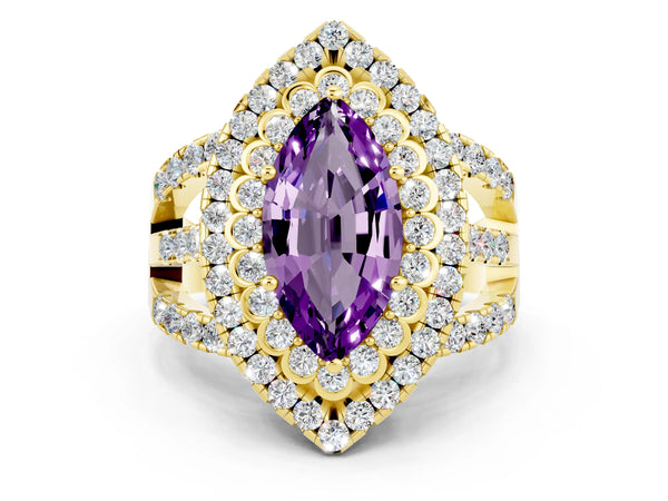 Yellow gold Marquise Cut Amethyst Double Halo Ring with Round Pavé Split Shank and Prong Setting
