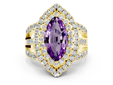 Yellow gold Double Halo Marquise Cut Diamond Split Shank Pave Set Ring