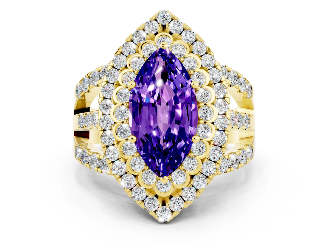 Yellow gold Double Halo Marquise Cut Diamond Split Shank Pave Set Ring