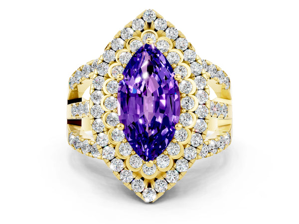Yellow gold Marquise Cut Tanzanite Double Halo Ring with Round Pavé Split Shank and Prong Setting