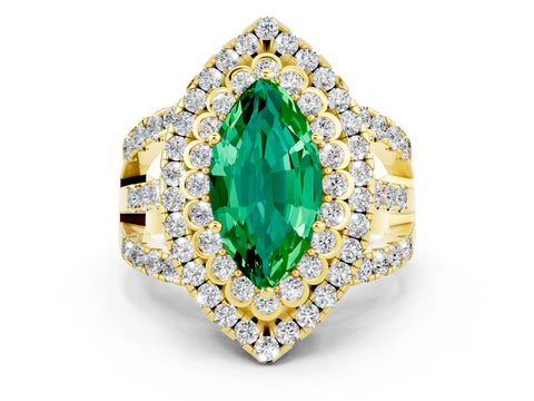 Yellow gold Double Halo Marquise Cut Diamond Split Shank Pave Set Ring