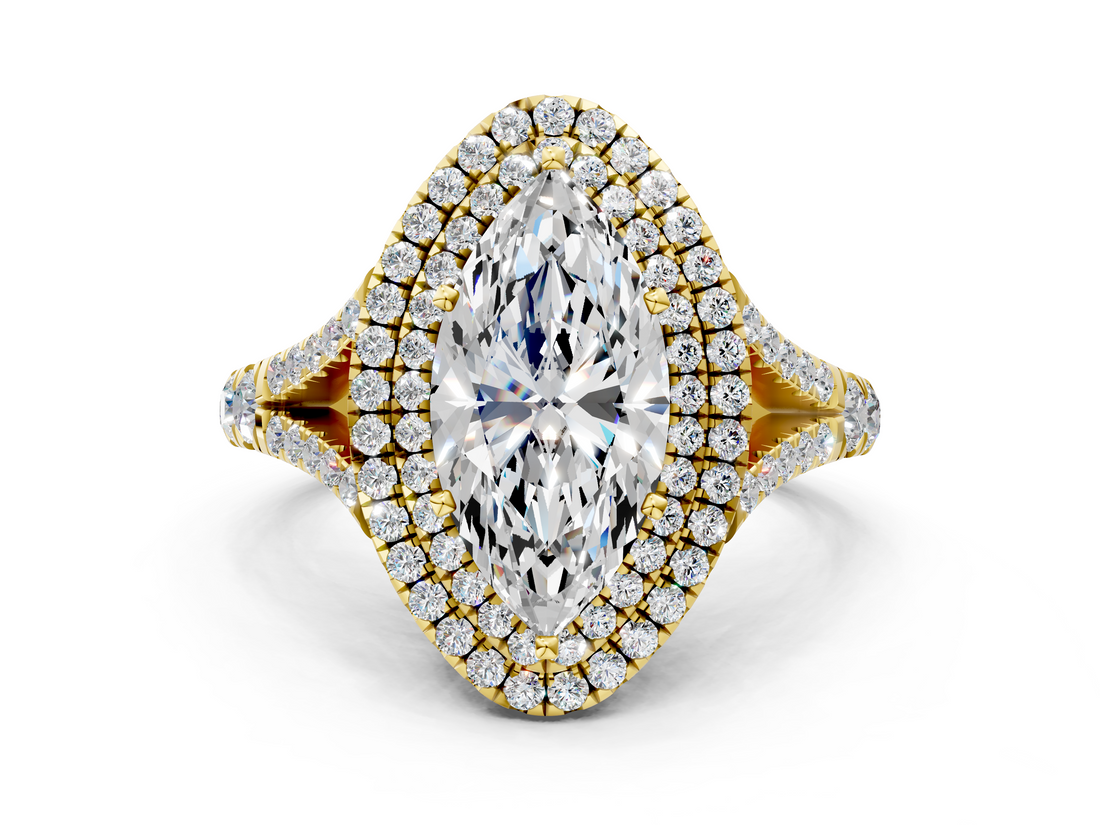 Yellow gold Double Halo Marquise Cut Diamond Split Shank Ring with Four Prong Setting_35