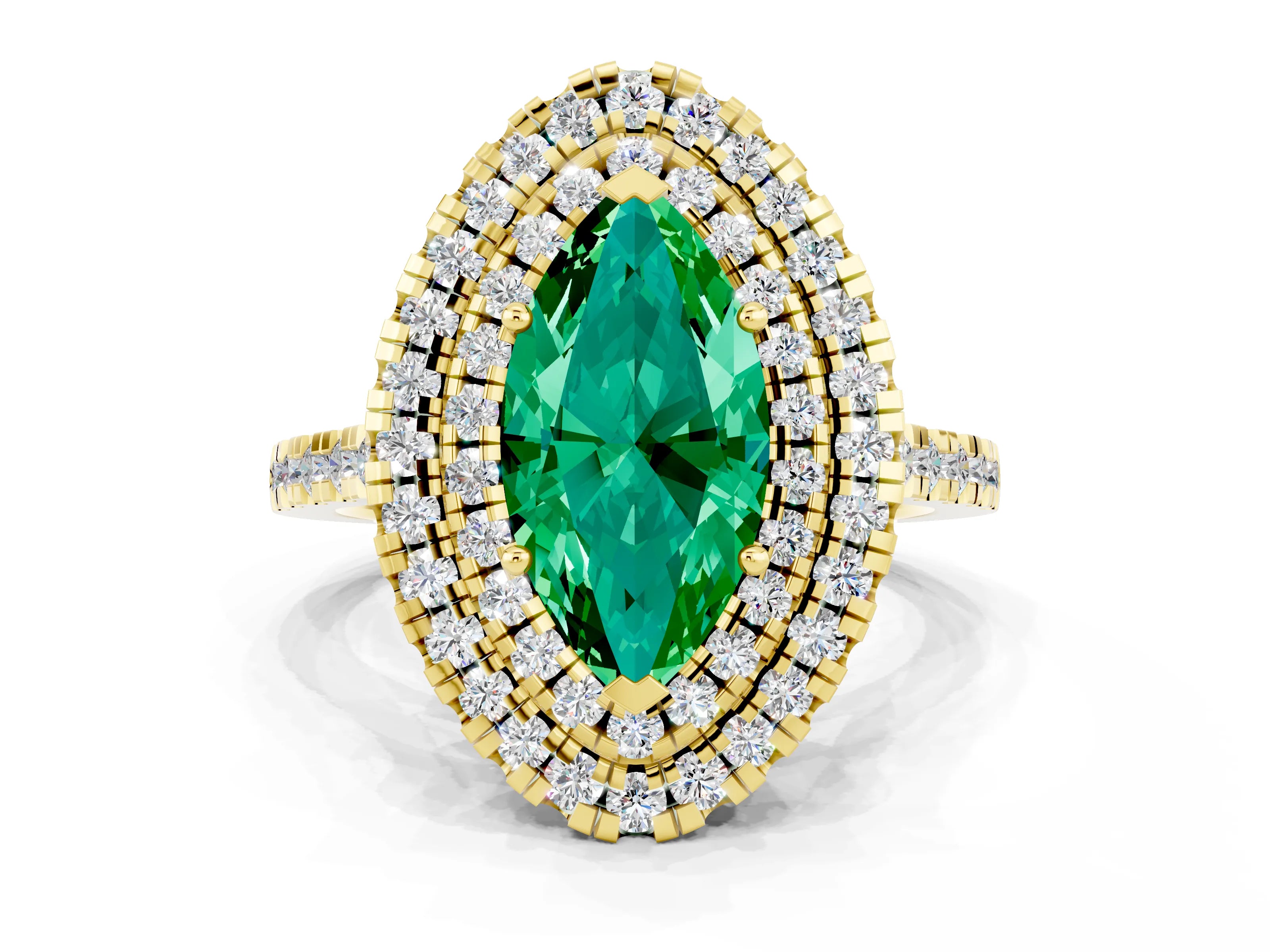 Yellow gold Double Halo Marquise Cut Emerald Pavé Band with Four-Prong Setting