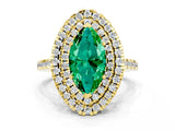 Yellow gold Double Halo Marquise Cut Emerald Pavé Band with Four-Prong Setting