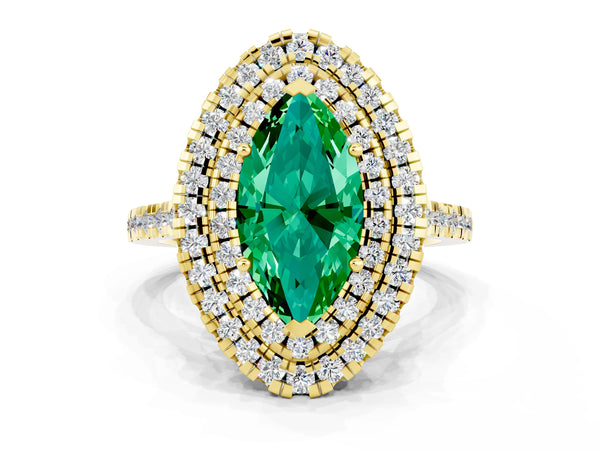 Yellow gold Double Halo Marquise Cut Emerald Pavé Band with Four-Prong Setting