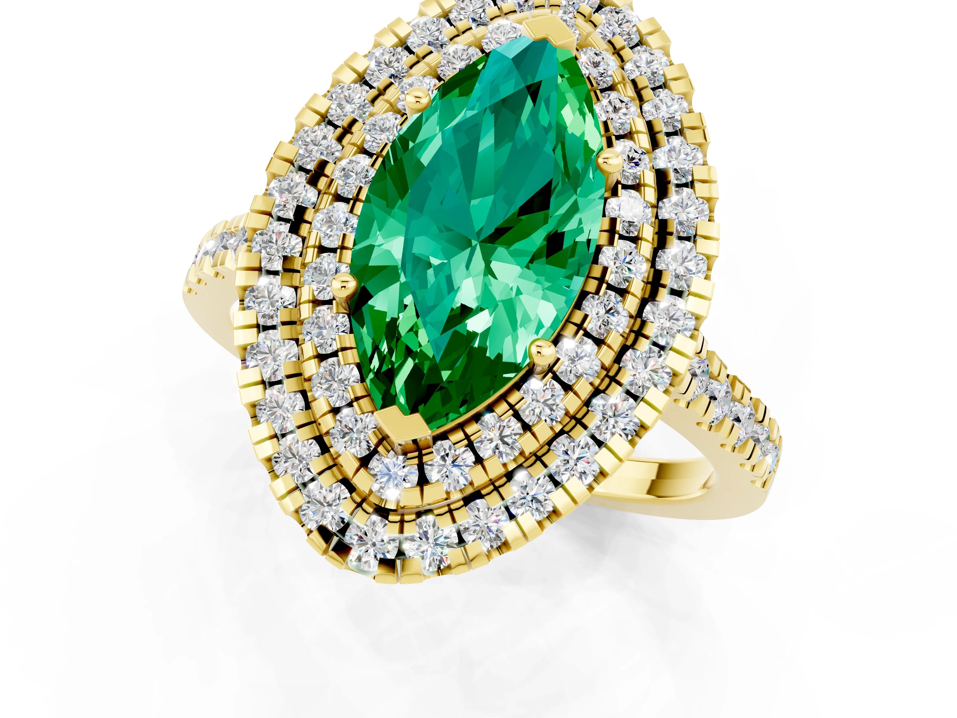 Yellow gold Double Halo Marquise Cut Emerald Pavé Band with Four-Prong Setting_1