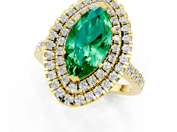 Yellow gold Double Halo Marquise Cut Emerald Pavé Band with Four-Prong Setting