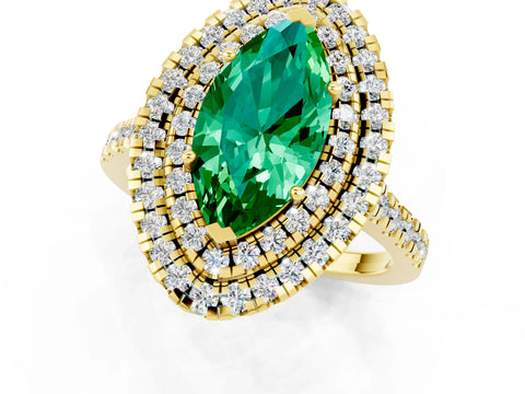 Yellow gold Double Halo Marquise Cut Emerald Pavé Band with Four-Prong Setting_1